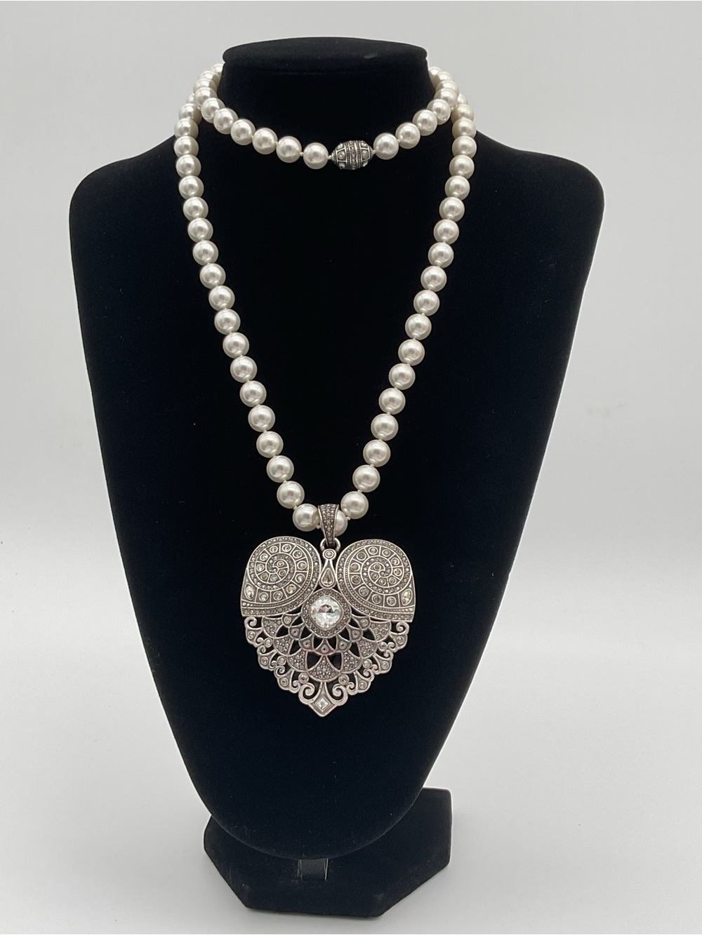 Brighton Mumtaz White Glass Pearl Necklace with Silver Filigree Heart Pendant